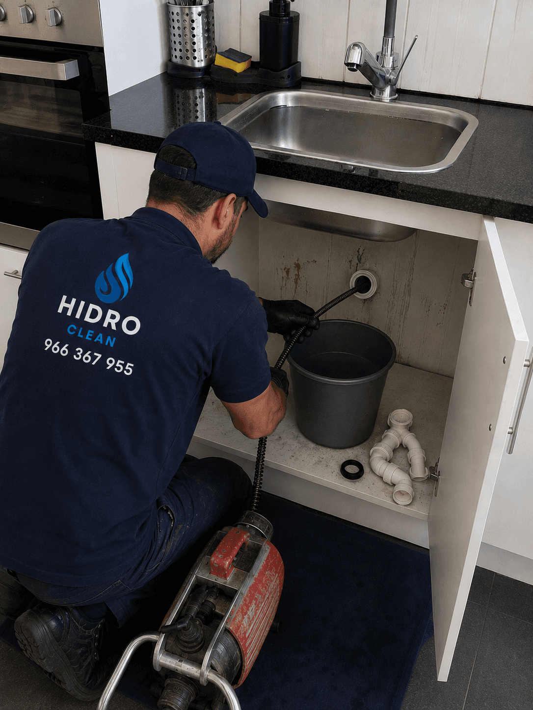 Lava-loiça entupido na cozinha, o antes e depois, desentupido com mola elétrica, HidroClean Canalizações